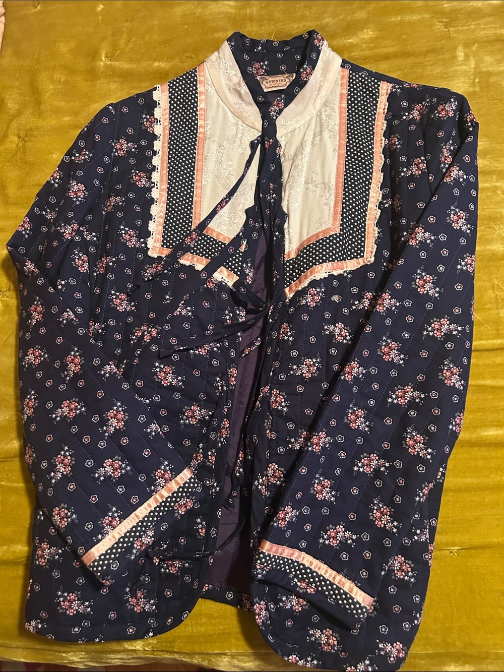 vintage gunneies Navy Floral Tie-Neck Blouse with Ivory Yoke